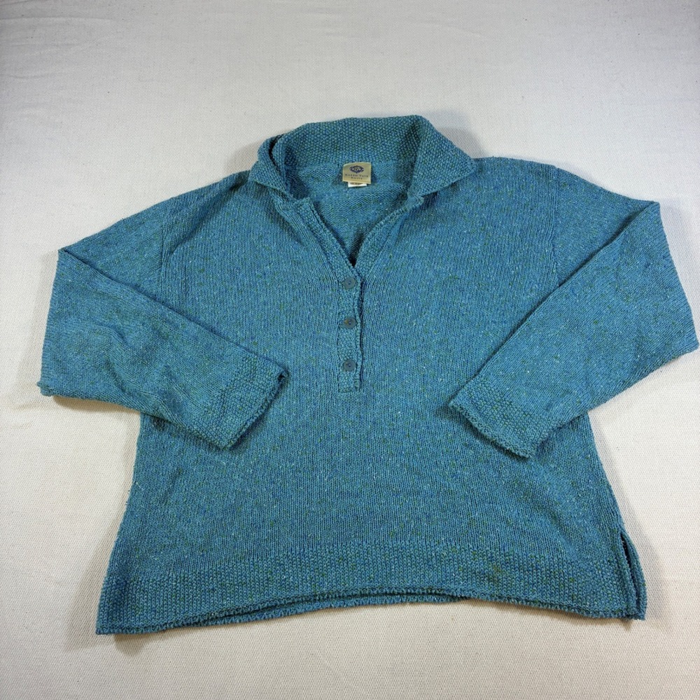 Vintage Karen Tate Knits Blue Marled Cotton Henley Sweater Womens Large USA Made